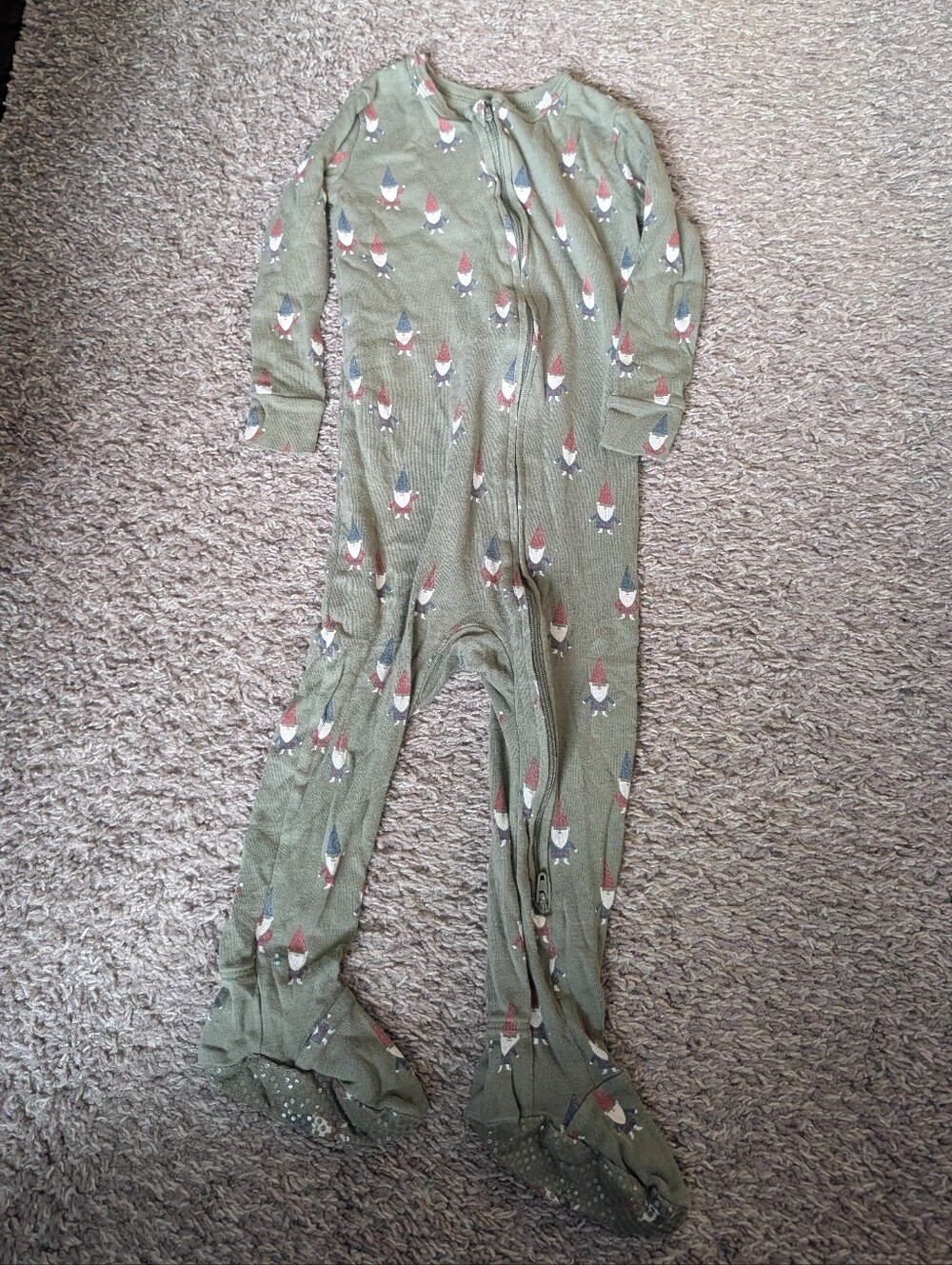 Kids Olive Green Gnome Print One-Piece Pajamas